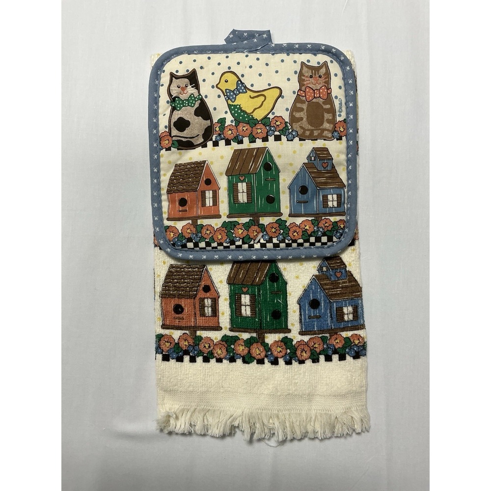 Vintage Home Sweet Home Birdhouse and Cat Themed Kitchen Towel and Pot Holder